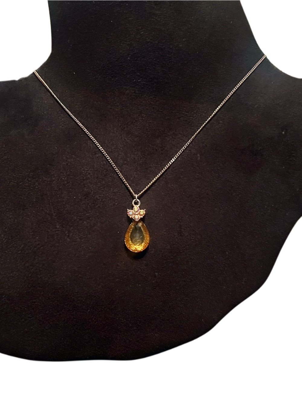 1928 Gold Amber & Rhinestone Teardrop Pendant